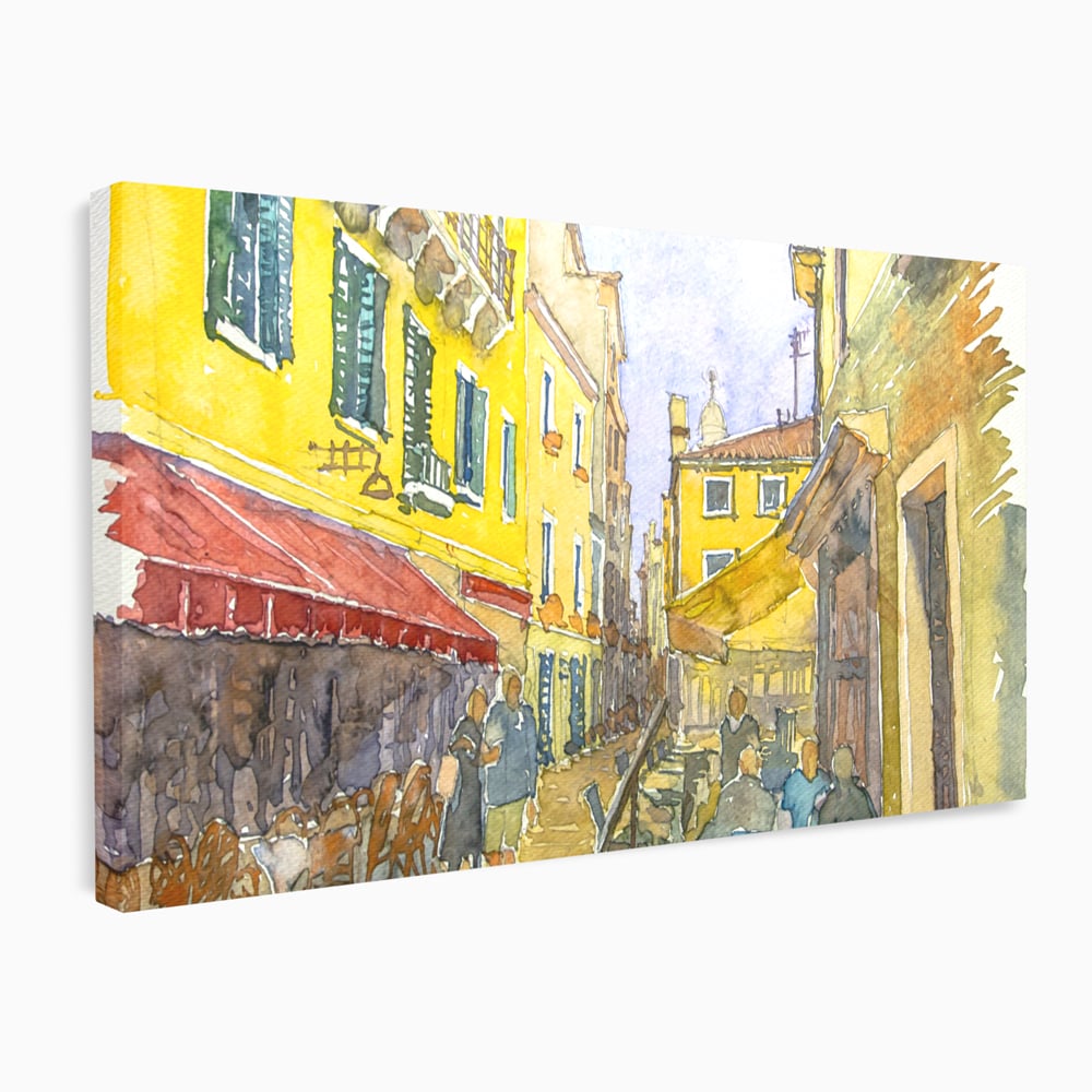Tablou canvas cu pictura acuarela strada cu terase, fara rama, pe sasiu de lemn